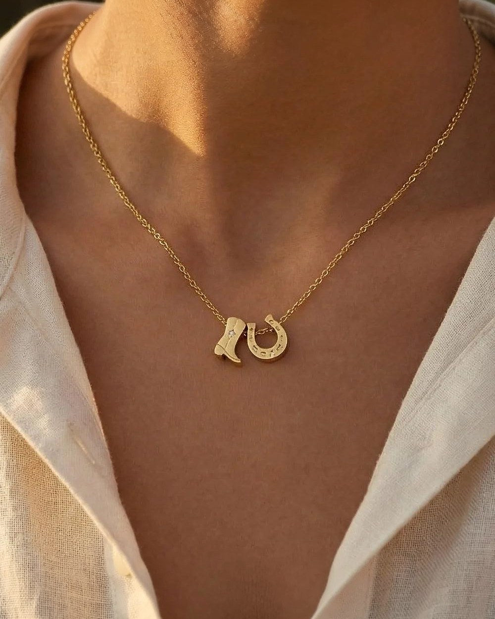 Gold + Silver Dipped Cowboy Boots Horse Shoe Charm Necklace