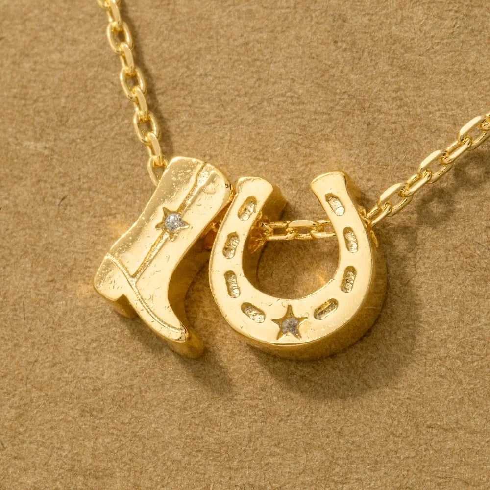 Gold + Silver Dipped Cowboy Boots Horse Shoe Charm Necklace