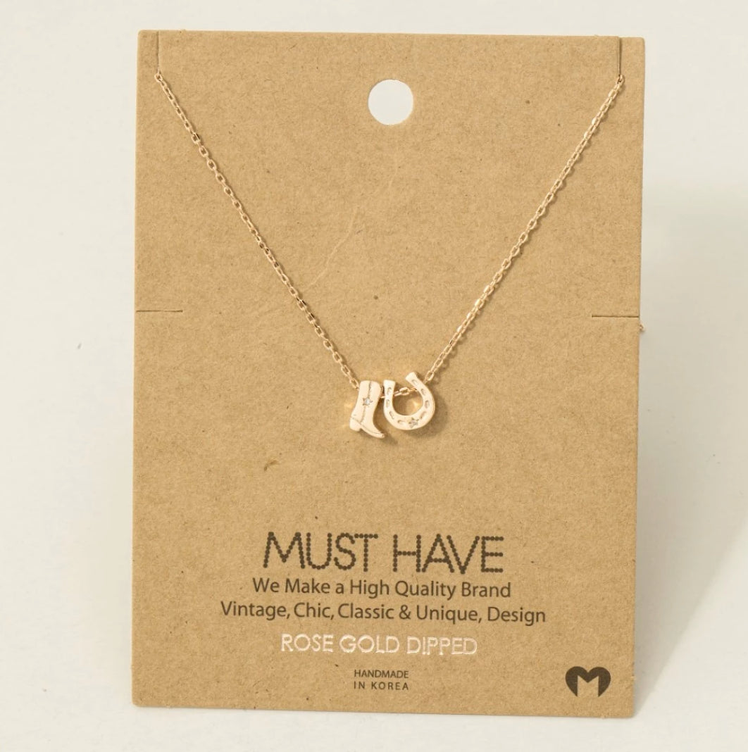 Gold + Silver Dipped Cowboy Boots Horse Shoe Charm Necklace