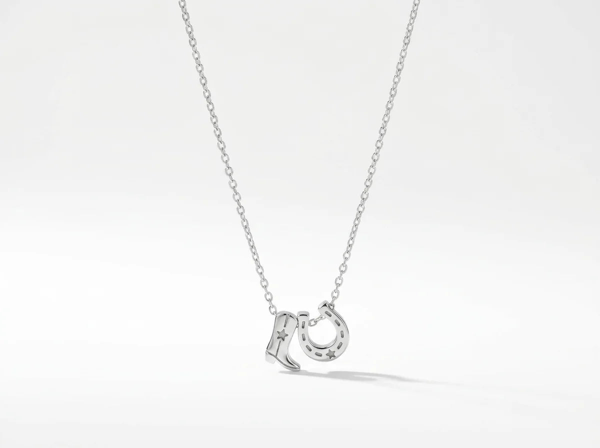 Gold + Silver Dipped Cowboy Boots Horse Shoe Charm Necklace