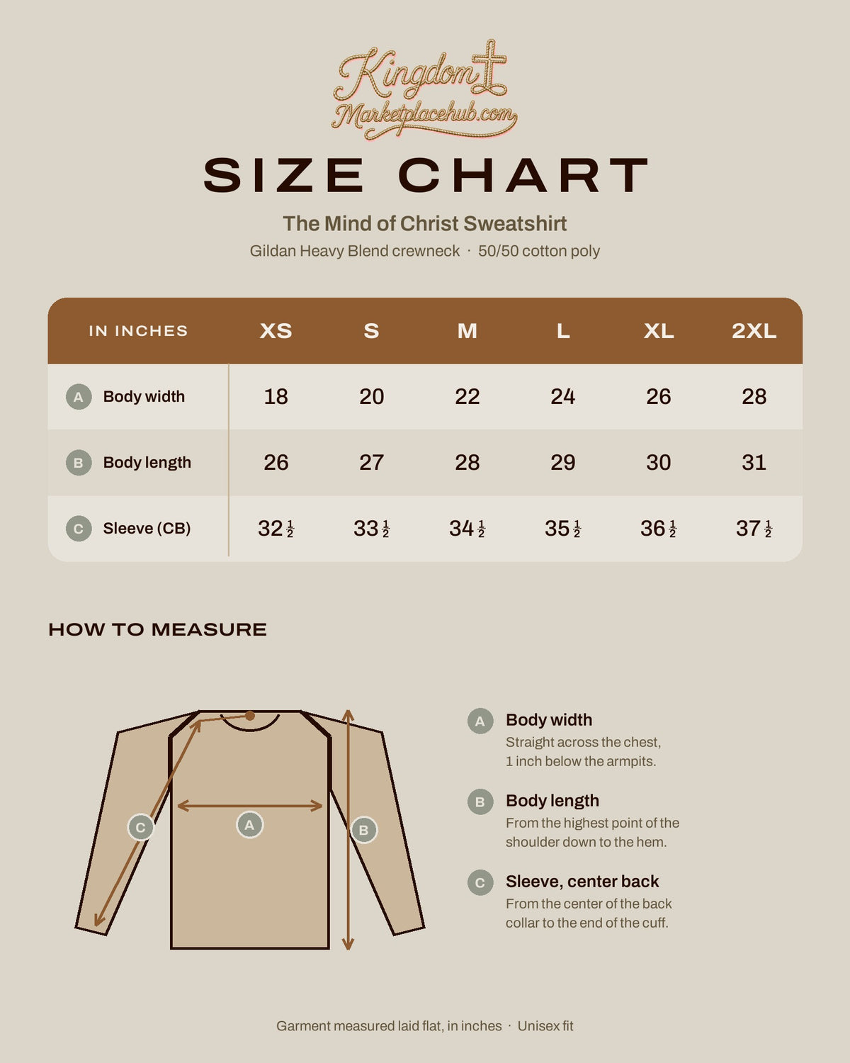 The Mind of Christ Sweatshirt size chart