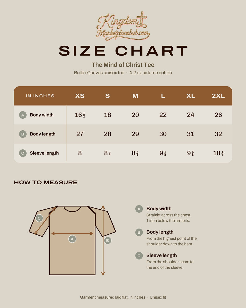 The Mind of Christ Tee size chart